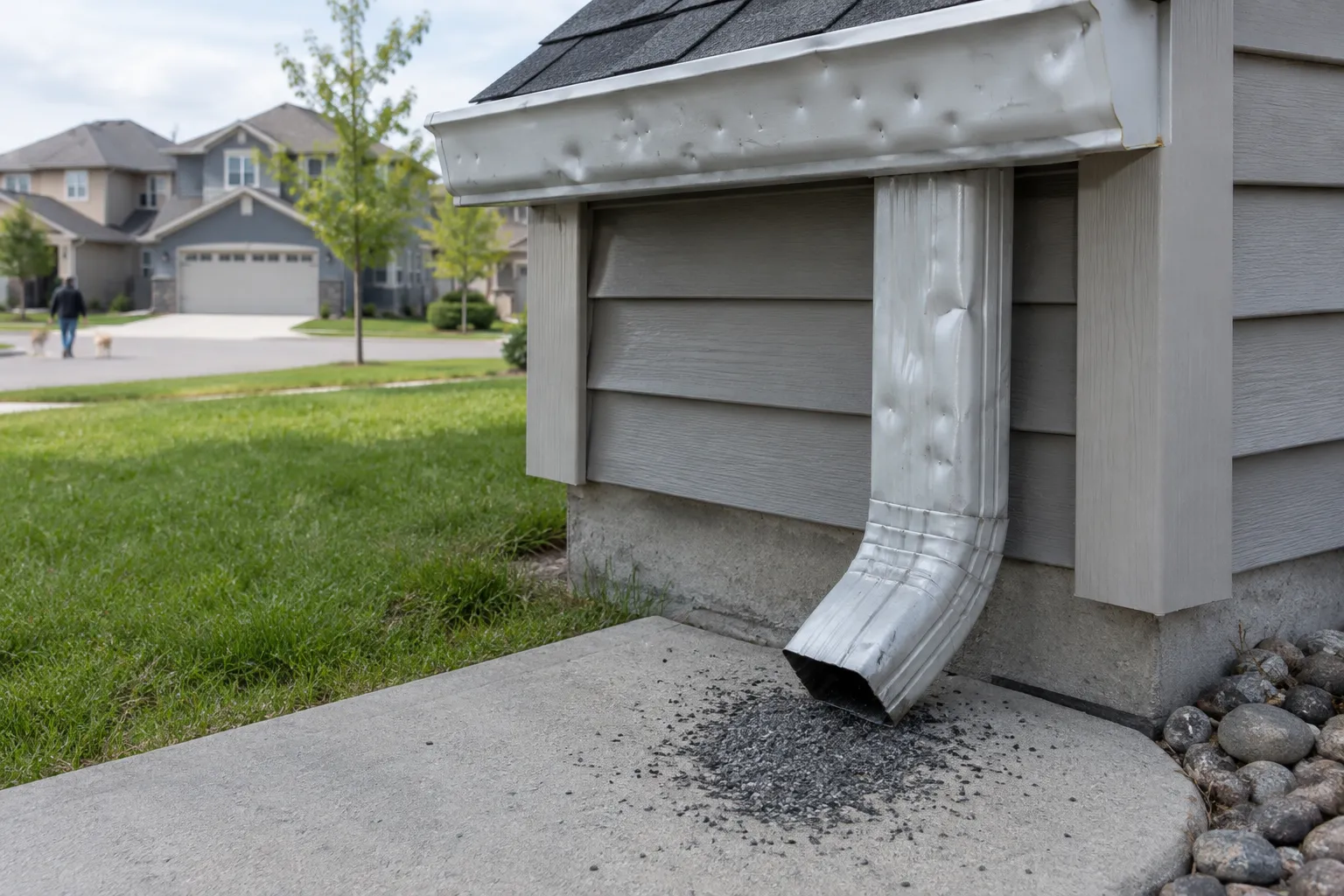 Hail dents on an aluminum eavestrough and shingle granules piled at the downspout