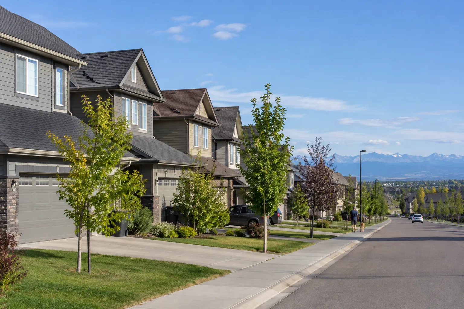 Suburban Calgary houses with asphalt shingle roofs under a wide blue sky