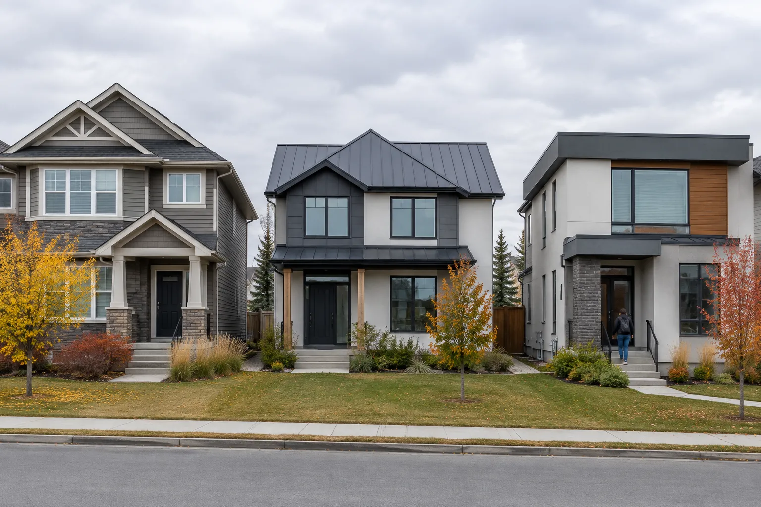 Three houses with a shingle roof, a standing seam metal roof and a flat roof