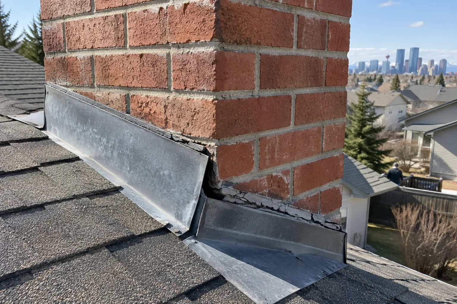 Metal flashing pulling away from a brick chimney on a shingle roof