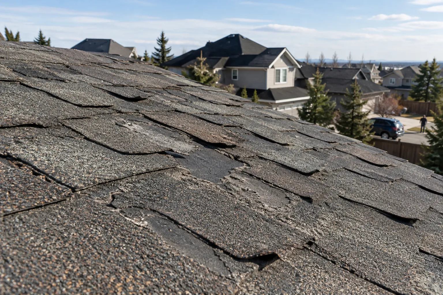 Old asphalt shingles with curled edges and bald patches across a roof